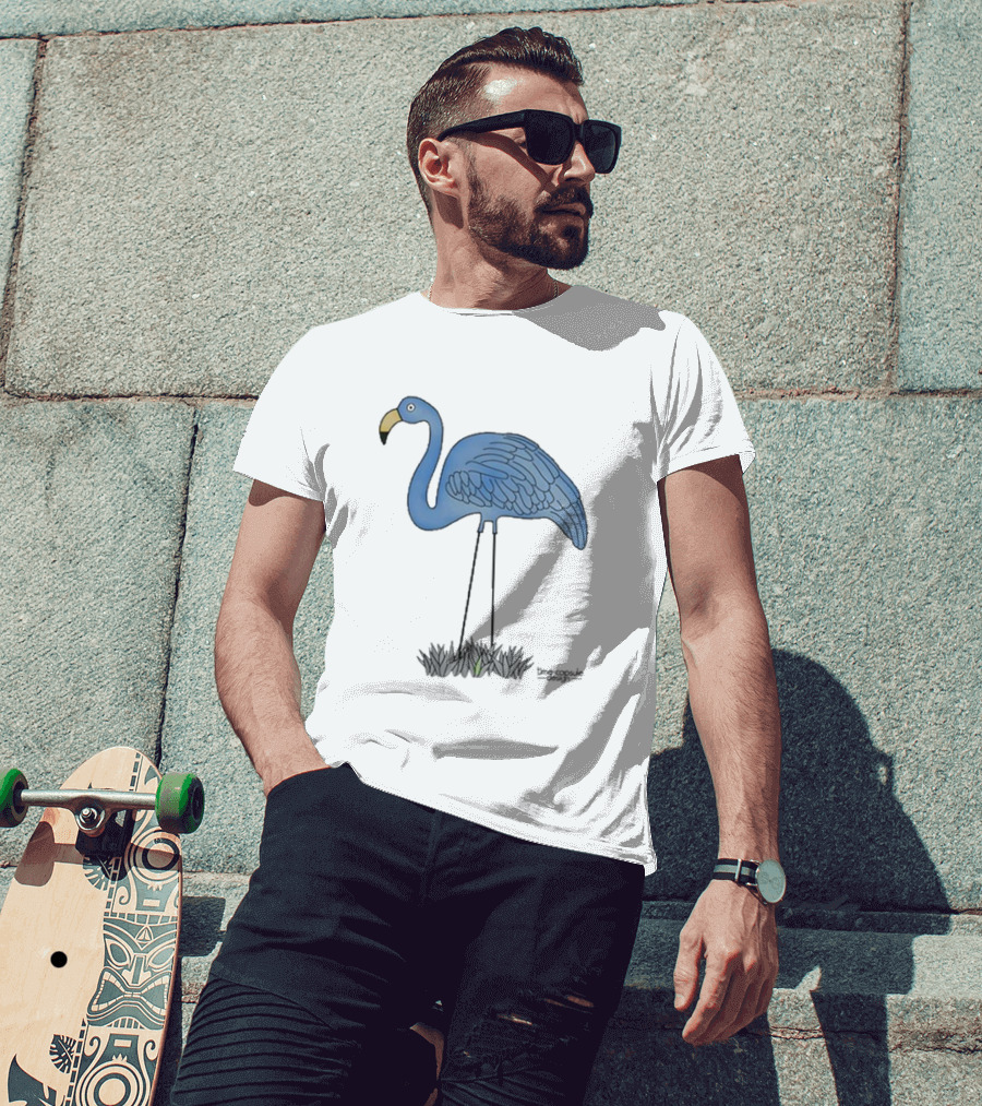 Time Capsule Design Blue Flamingo On Black Grass Background T-Shirt