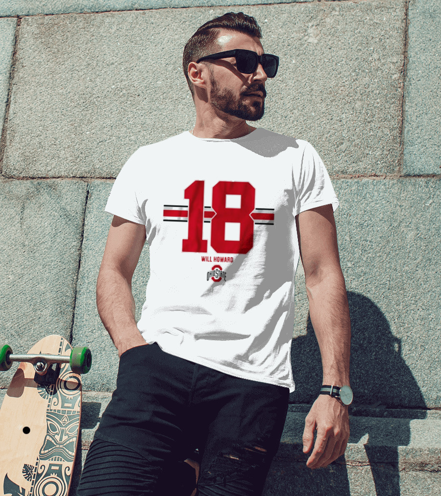 Ohio State Buckeyes Football Will Howard 18 Ohio State Logo Stripe T-Shirt