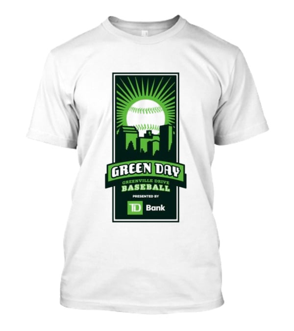 Green Day Greenville Drive Baseball Presented By TD Bank Skyline Baseball Sunburst T-Shirt