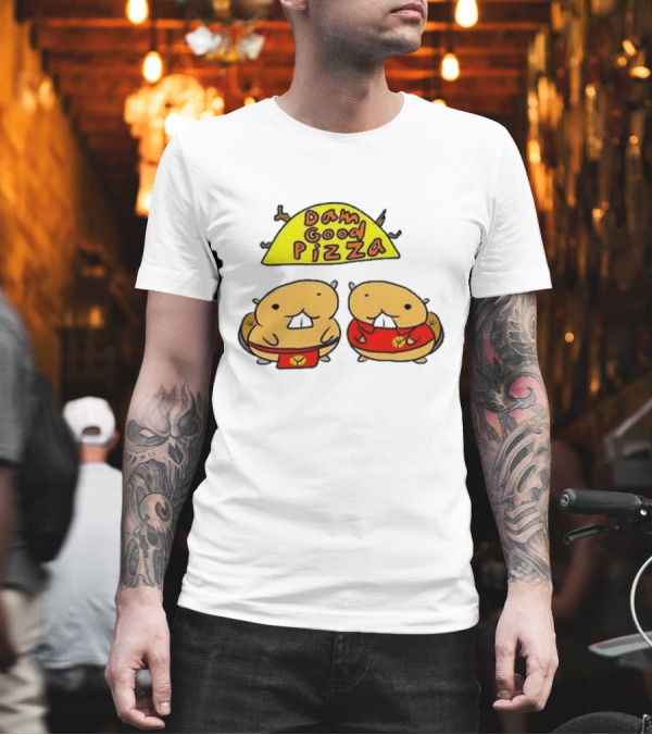 Dam Good Pizza Beaver Characters duo in Red with Iconic Yellow Cheese Slice T-Shirt Dam Good Pizza Beaver Characters duo in Red with Iconic Yellow Cheese Slice T-Shirt
