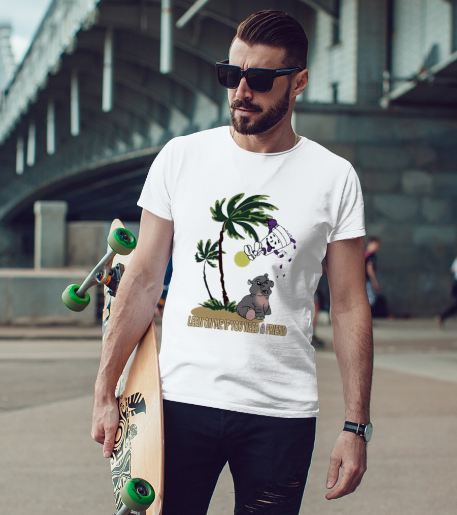 Grapejuiceboys Lean On Me If You Need A Friend Moo Deng Palm Tree Tropical Scene T-Shirt
