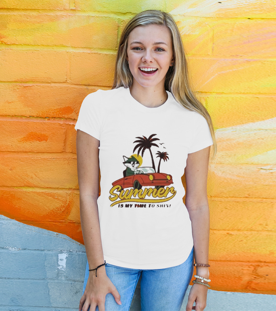 Summer Is My Time To Shine Cat In Car With Palm Trees T-Shirt
