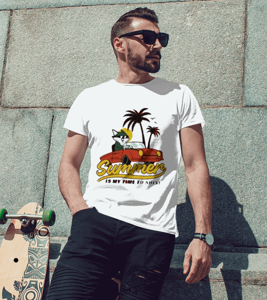 Summer Is My Time To Shine Cat In Car With Palm Trees T-Shirt