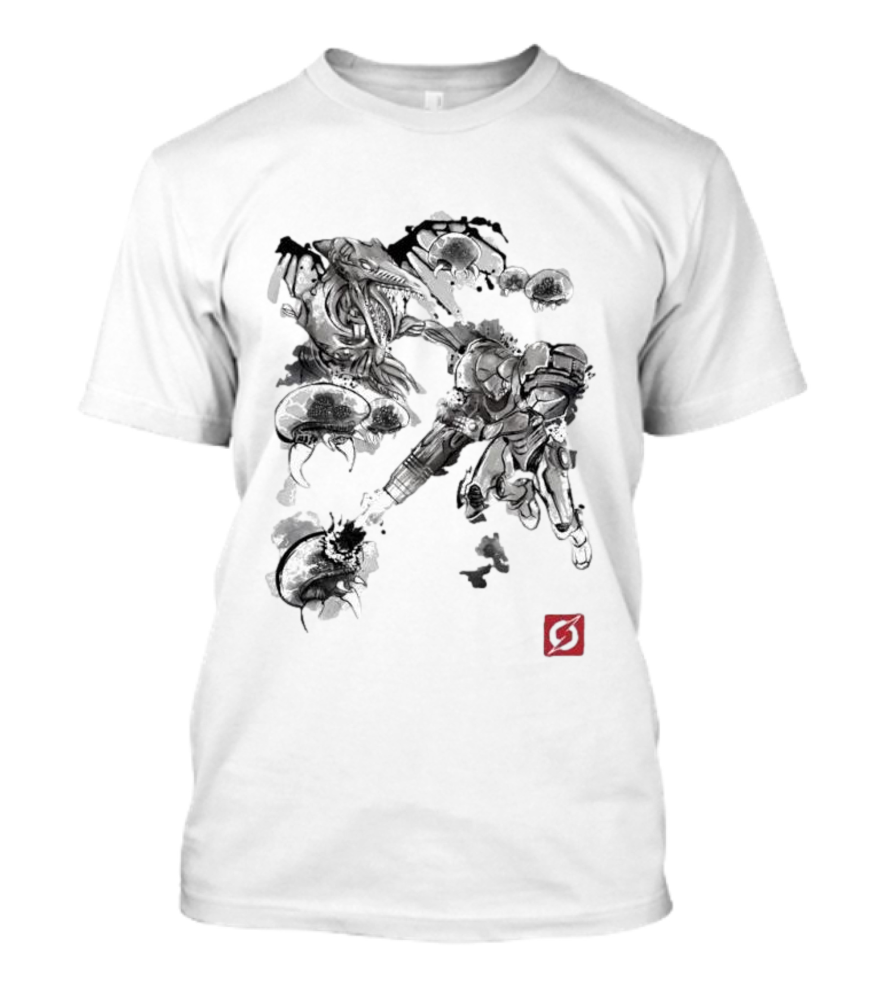 Attack Of The Space Pirates Sumi-E Style Metroid Battle Scene T-Shirt