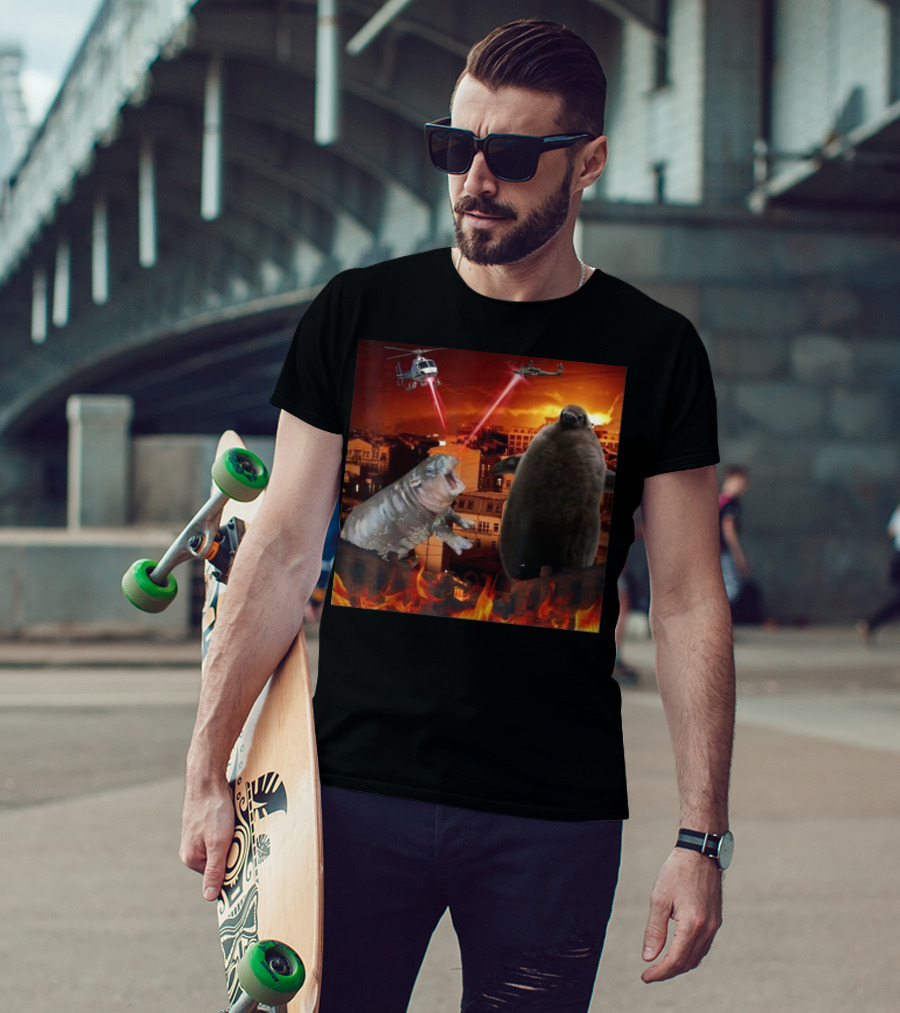Moo Deng And Pesto Battle Urban Showdown With Helicopters And Laser Beams T-Shirt