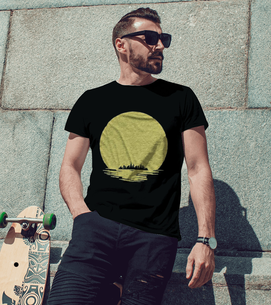 Michigan Skyline Reflected Under Golden Moon T-Shirt
