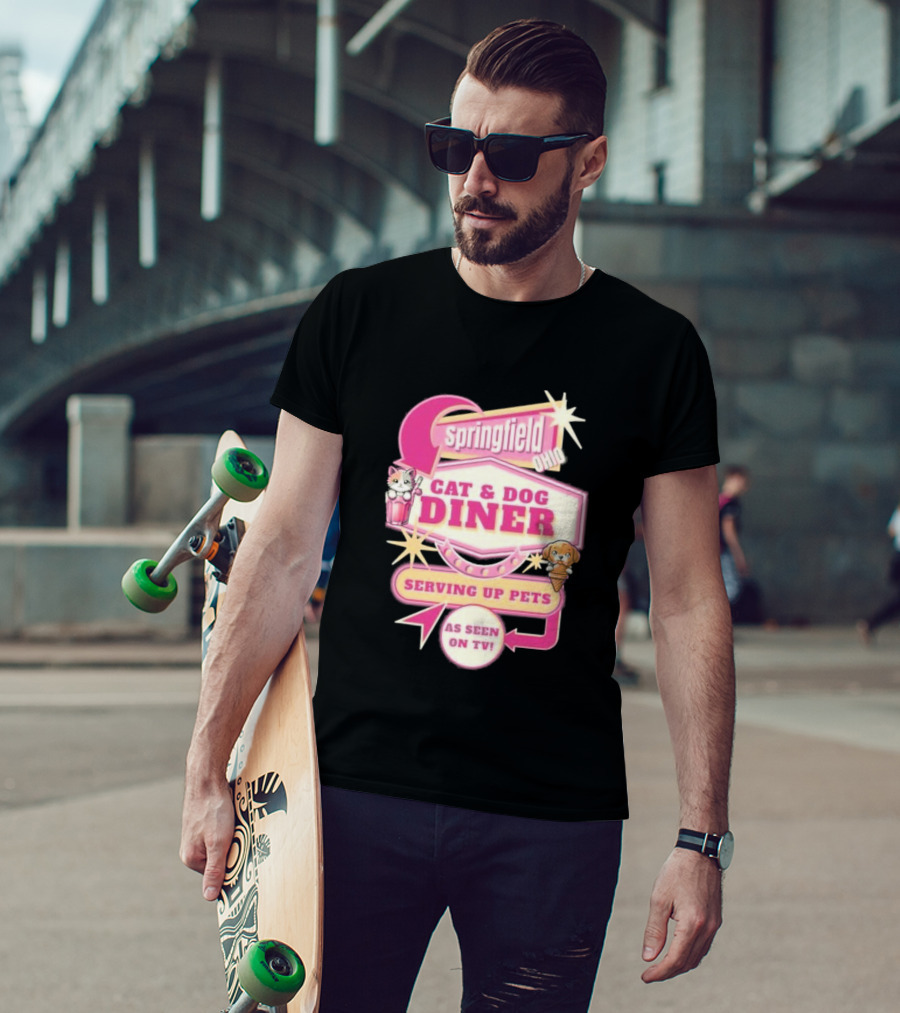 Springfield Cat And Dog Diner Serving Up Pets As Seen On TV Retro Neon Sign T-Shirt