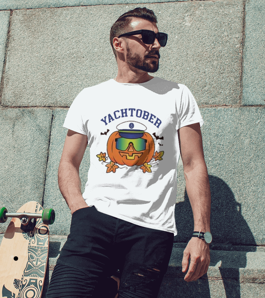 Yachtober Captain Pumpkin With Sunglasses And Bats T-Shirt