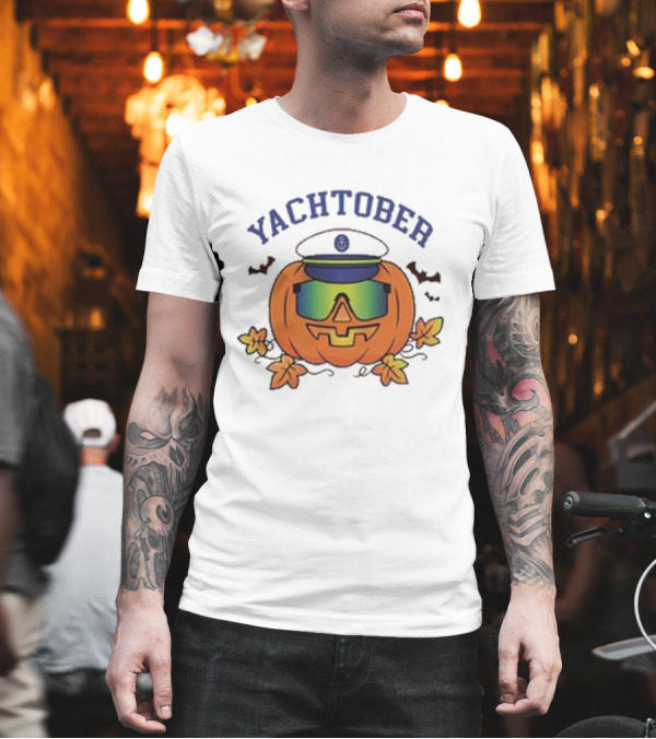 Yachtober Captain Pumpkin with Sunglasses and Bats T-Shirt Yachtober Captain Pumpkin with Sunglasses and Bats T-Shirt