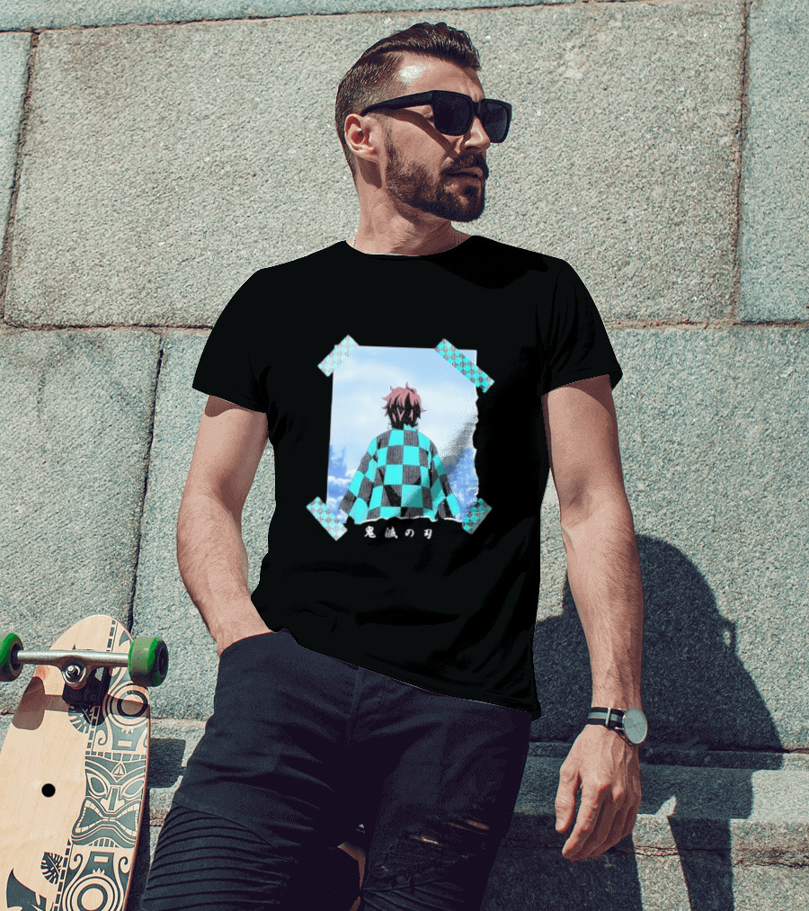 Demon Slayer Kimetsu No Yaiba Tanjiro Checkered Cloak Japanese Text UT Collection T-Shirt