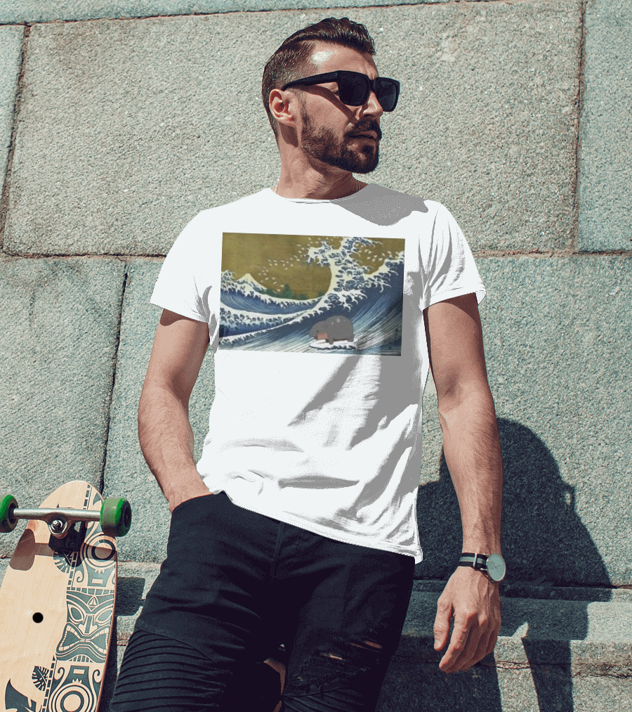 Moo Deng Surfing The Great Wave Off Kanagawa Hybrid T-Shirt