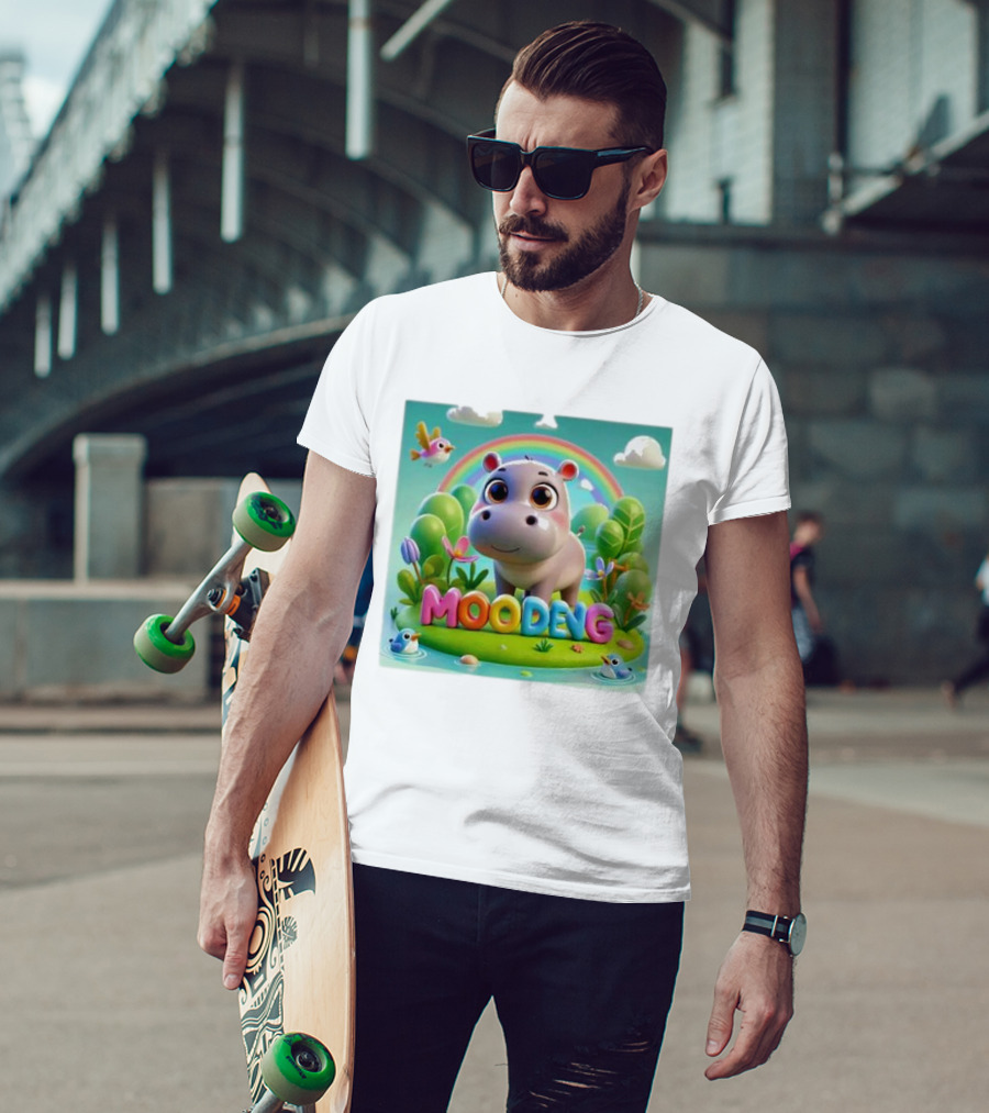 Moo-Deng The Famous Baby Pygmy Hippo Moo Deng Rainbow Meadow Scene T-Shirt