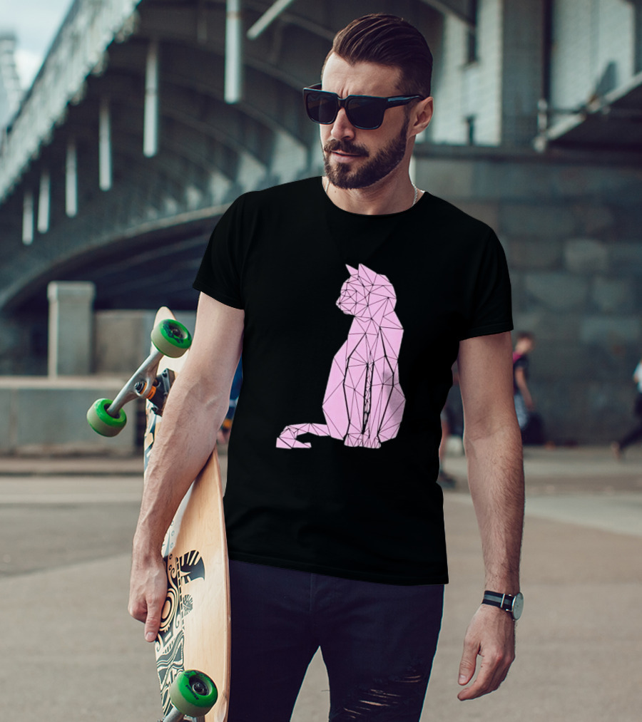 Geometric Cat Feline Pet Lover Minimalist Pink Line T-Shirt