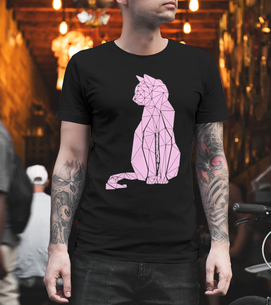 Geometric Cat Feline Pet Lover Minimalist Pink Line T-Shirt