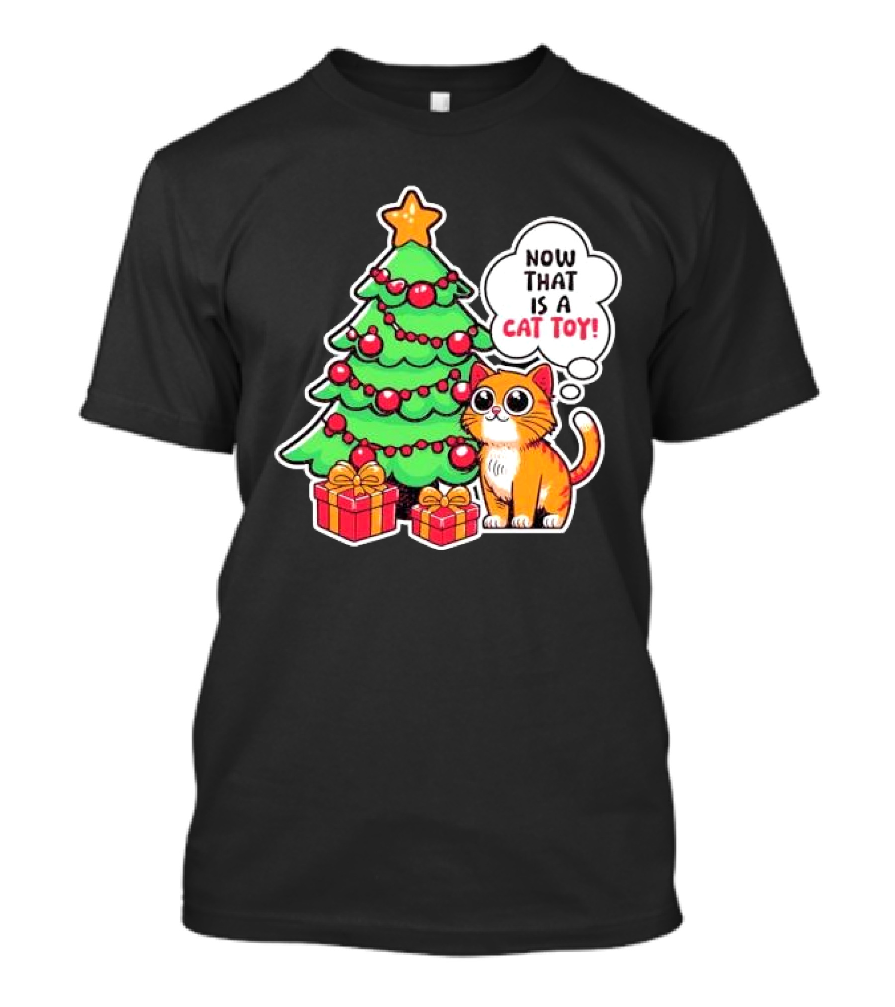 Now That Is A Cat Toy A Cute Orange Cat With Wide Eyes Next To Decorated Christmas Tree T-Shirt