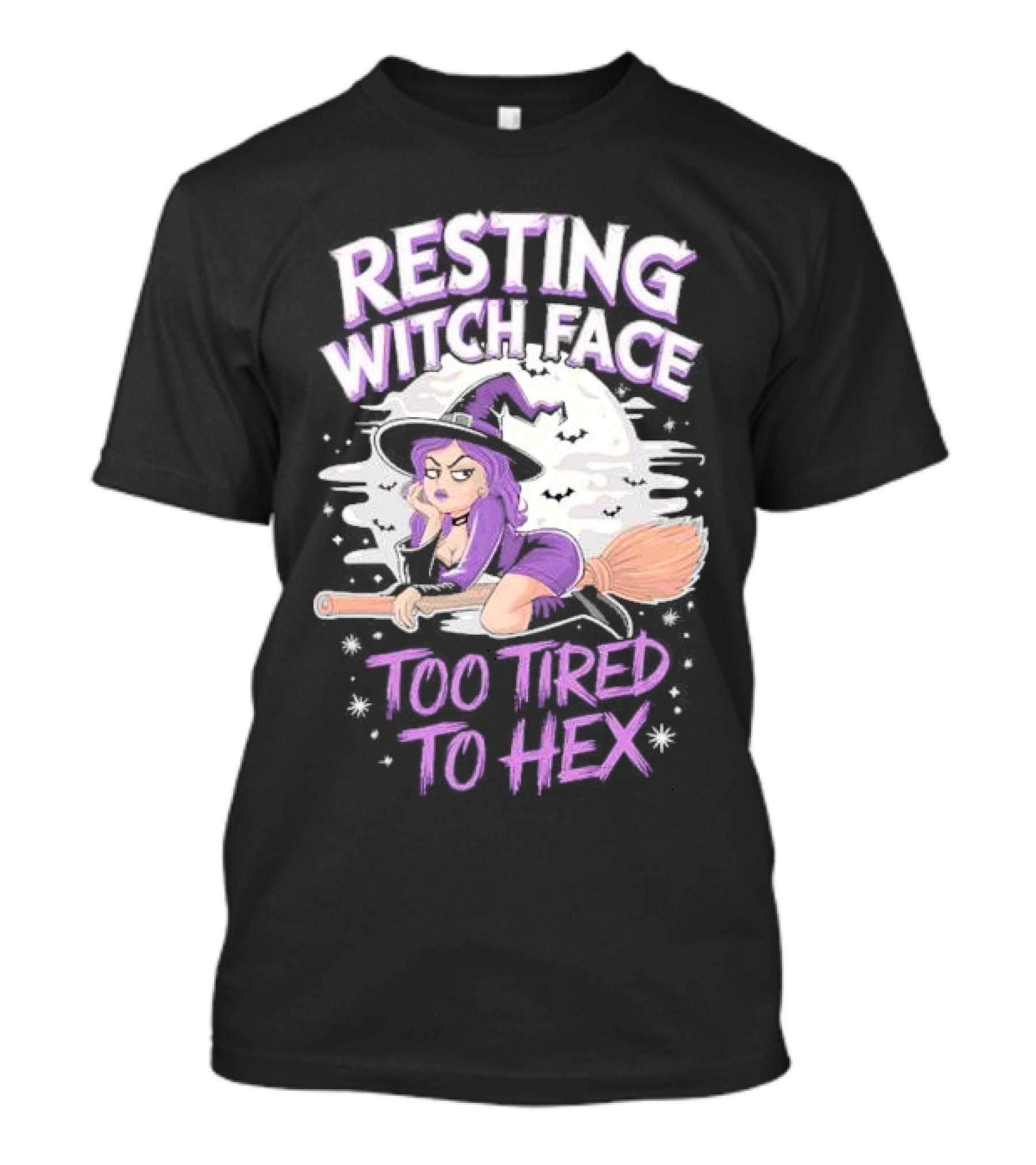 Resting Witch Face Too Tired To Hex Halloween Witch Flying Broomstick Moon Bats T-Shirt