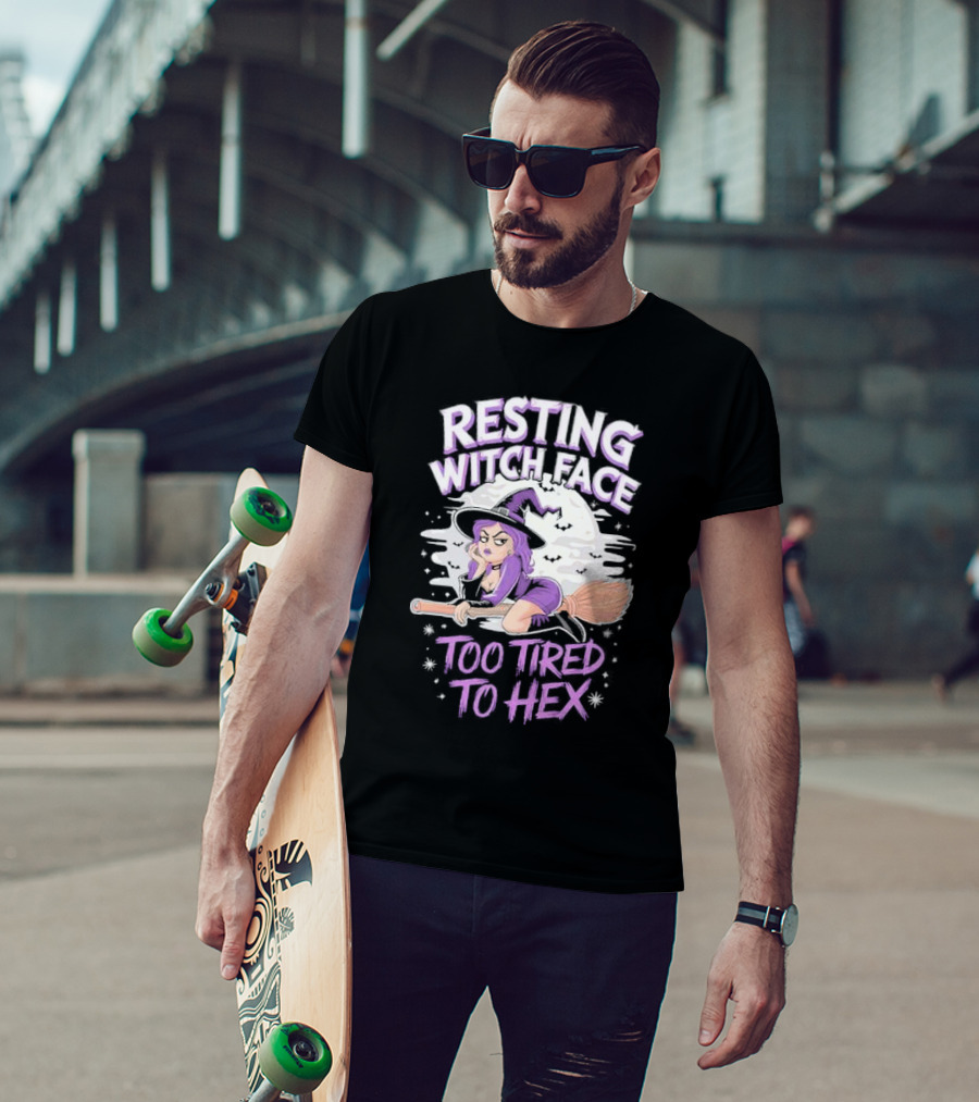 Resting Witch Face Too Tired To Hex Halloween Witch Flying Broomstick Moon Bats T-Shirt