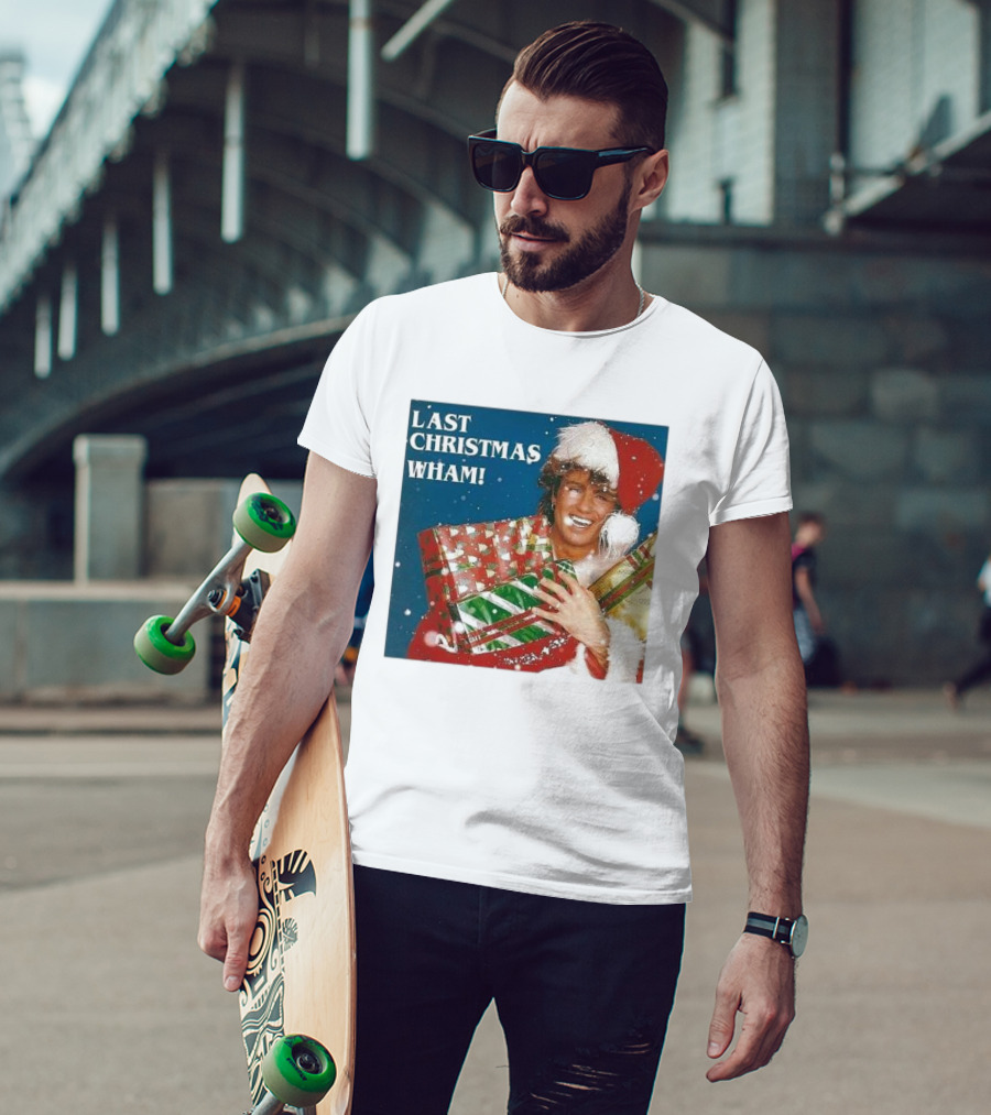 Last Christmas Wham George Michael Santa Hat Holding Gift T-Shirt