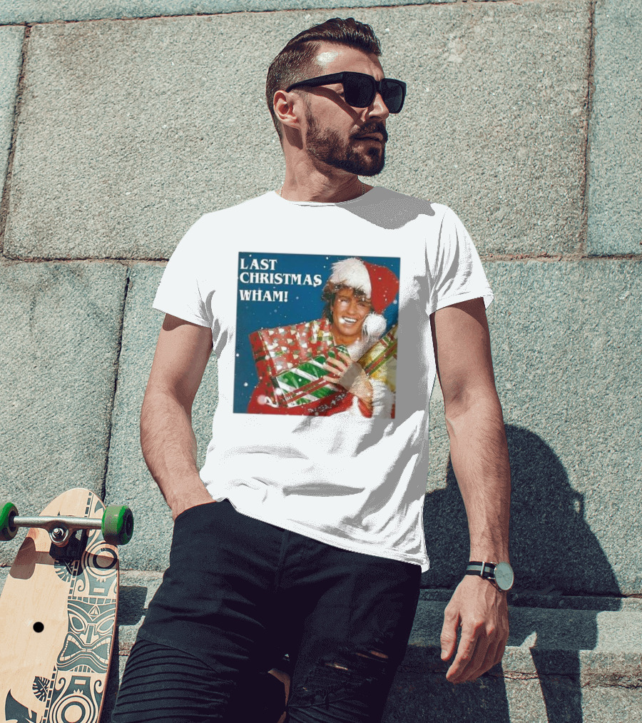 Last Christmas Wham George Michael Santa Hat Holding Gift T-Shirt