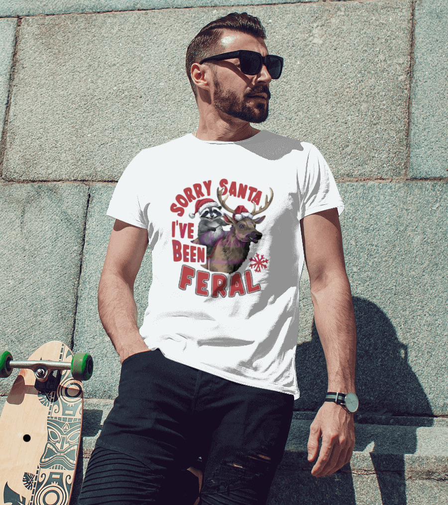 Sorry Santa I've Been Feral Raccoon Christmas Reindeer Santa Hat T-Shirt
