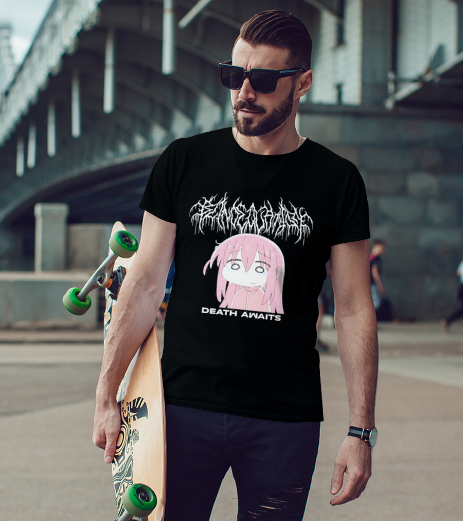 Bocchi The Rock Death Awaits Metal Style Art With Pink-Haired Character T-Shirt