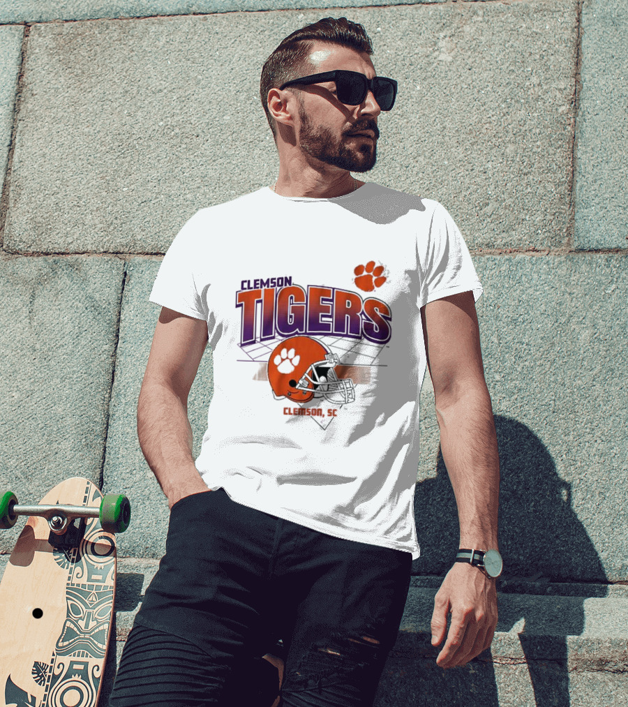 Clemson Tigers Football Helmet Logo Clemson SC Grid Paw Prints T-Shirt