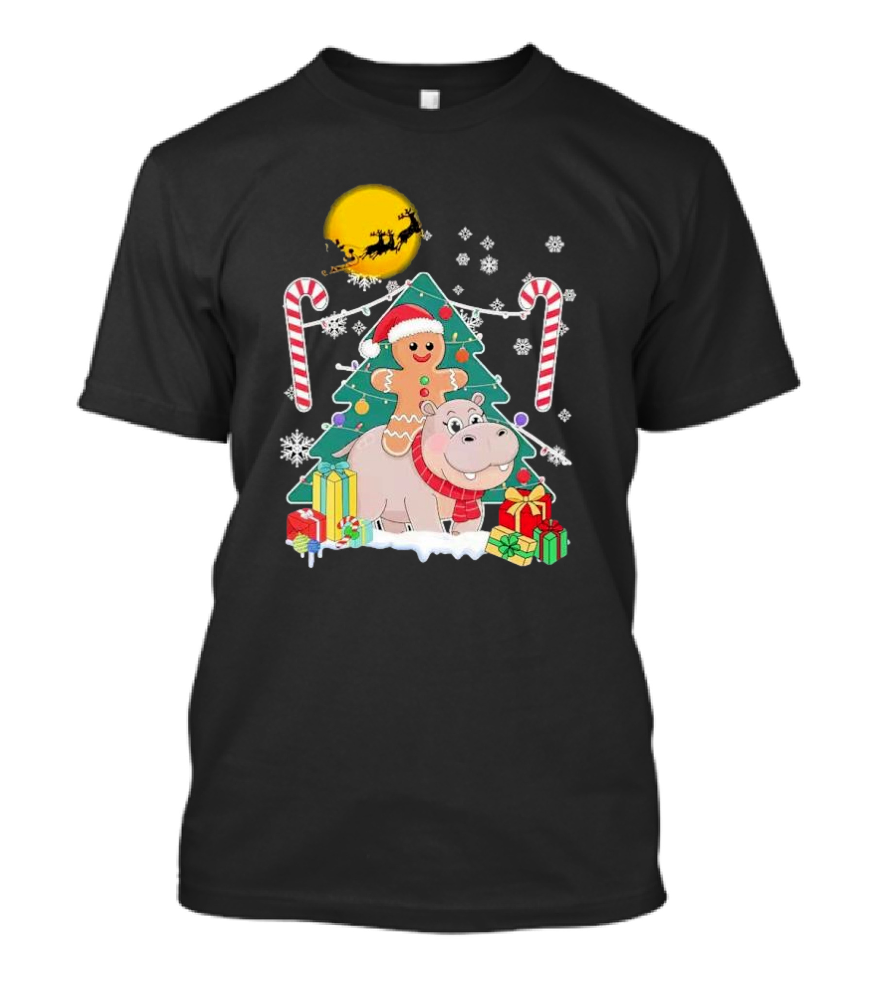 Santa Gingerbread Riding Hippo Christmas Candy Canes Snowflake Christmas Tree T-Shirt