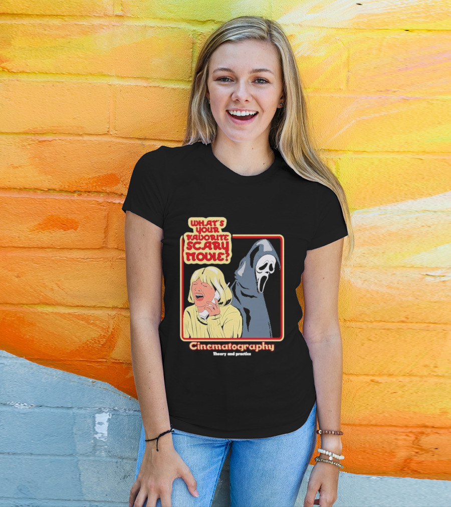 What’s Your Favorite Scary Movie Cinematography Theory And Practice Ghost Mask Girl On Phone T-Shirt