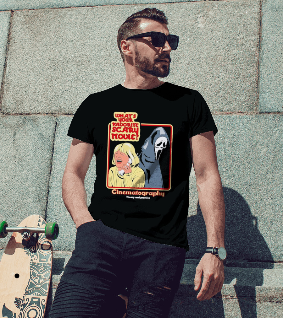 What’s Your Favorite Scary Movie Cinematography Theory And Practice Ghost Mask Girl On Phone T-Shirt