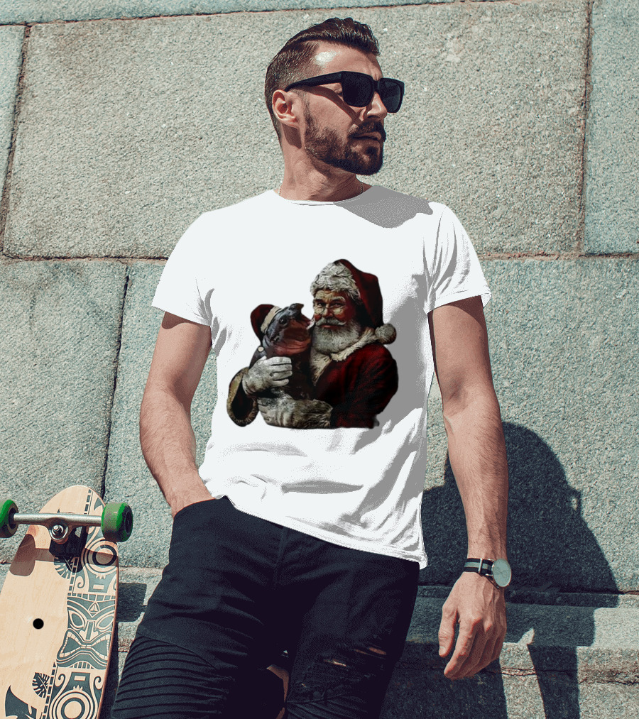 Moo Deng Xmas Funny Christmas Santa Hug Cute Baby Hippo Santa Claus Holiday T-Shirt