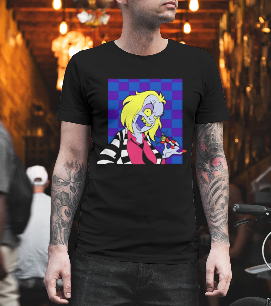 Pan Pizza Beetlejuice Cartoon Checkered Background T-Shirt
