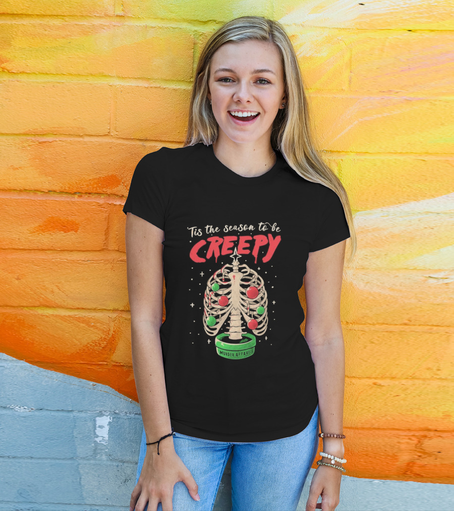 Tis The Season To Be Creepy Murder Apparals Christmas Skeleton Pine Tree T-Shirt