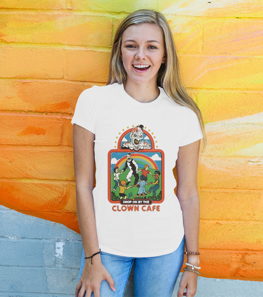 Drop On By The Clown Cafe Rainbow Clown Kids Circle T-Shirt