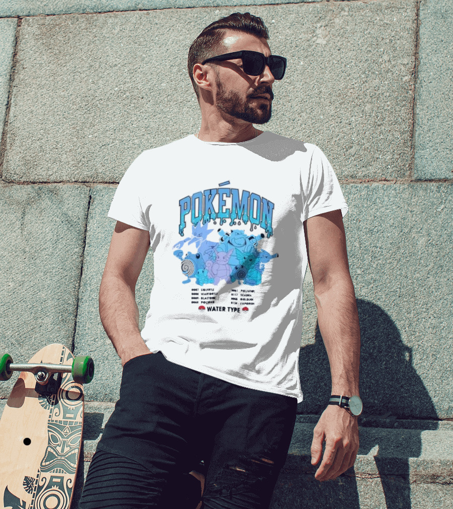 POKEMON Water Type Squirtle Wartortle Blastoise Poliwag Psyduck Golduck Poliwhirl Seadra Vaporeon T-Shirt