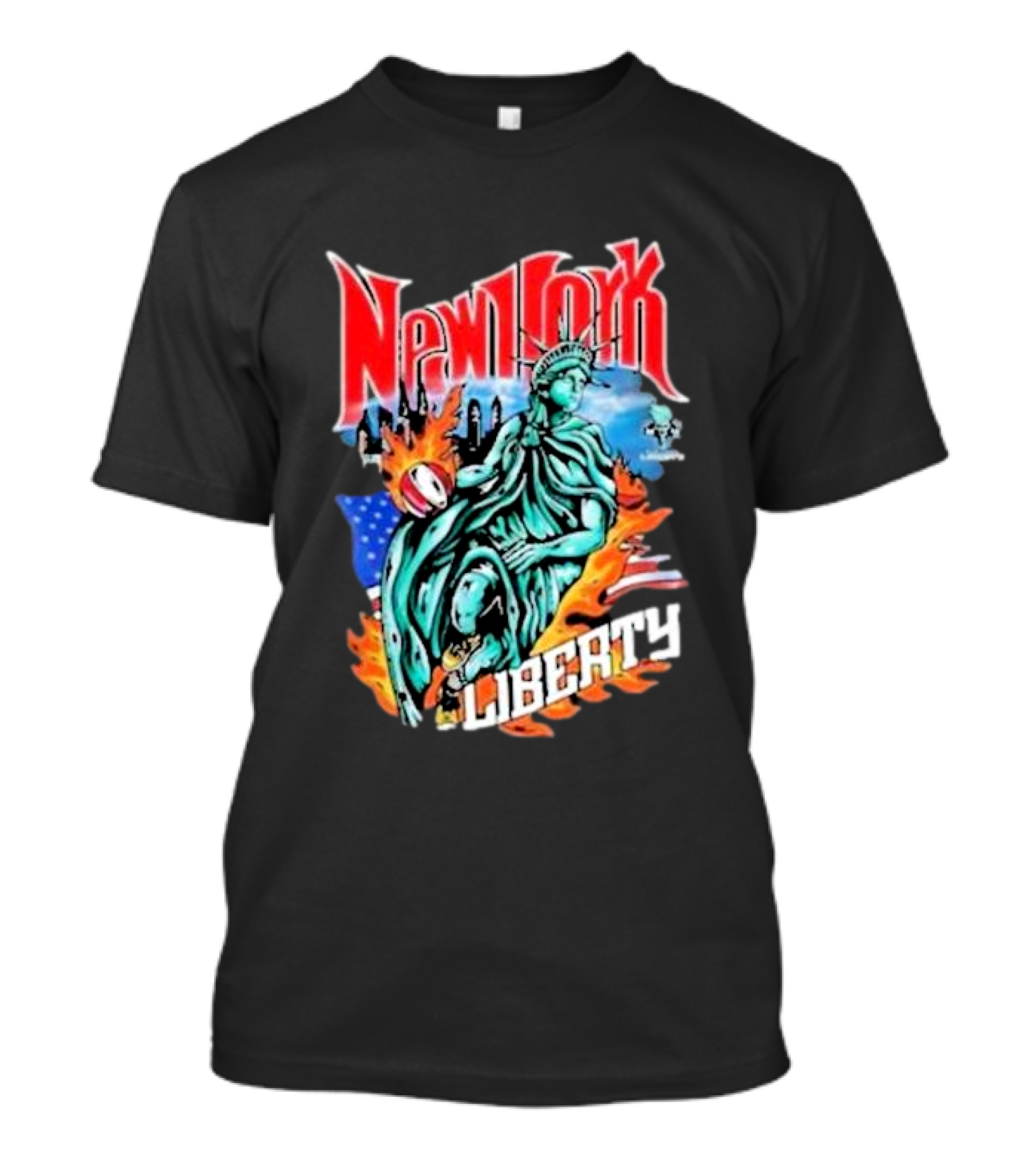 New York Liberty Statue Of Liberty With Flames And American Flag Basketball T-Shirt