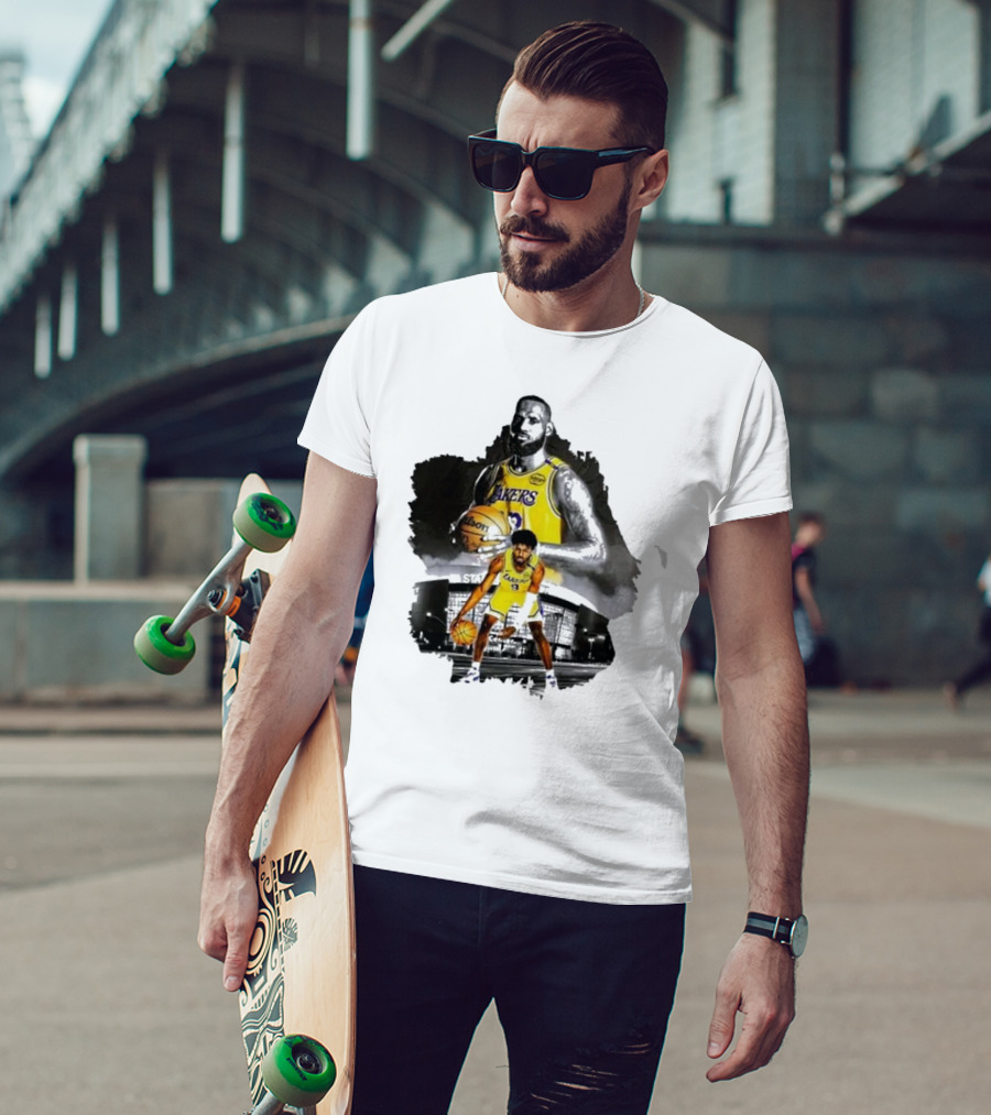 Lebron James Lakers Basketball Star In Action With Los Angeles Stadium Background T-Shirt