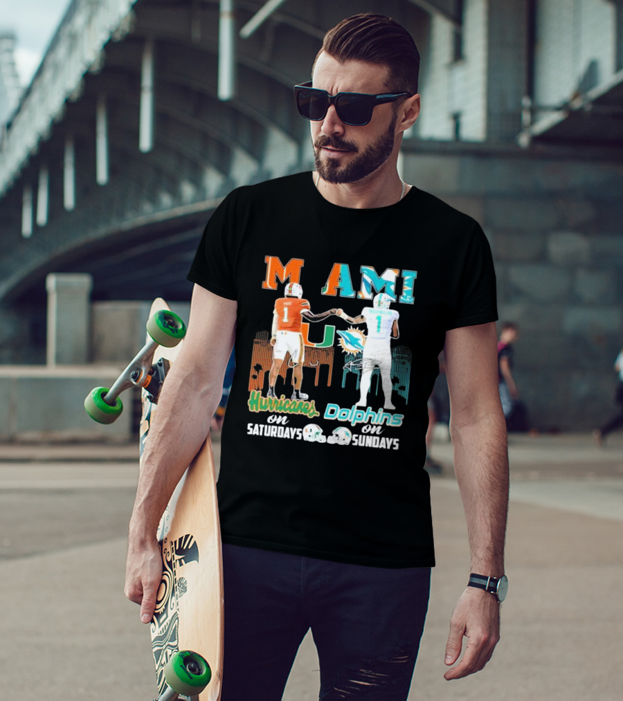 Miami Hurricanes On Saturdays Dolphins On Sundays T-Shirt