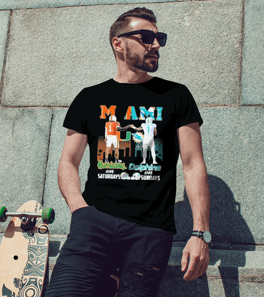 Miami Hurricanes On Saturdays Dolphins On Sundays T-Shirt