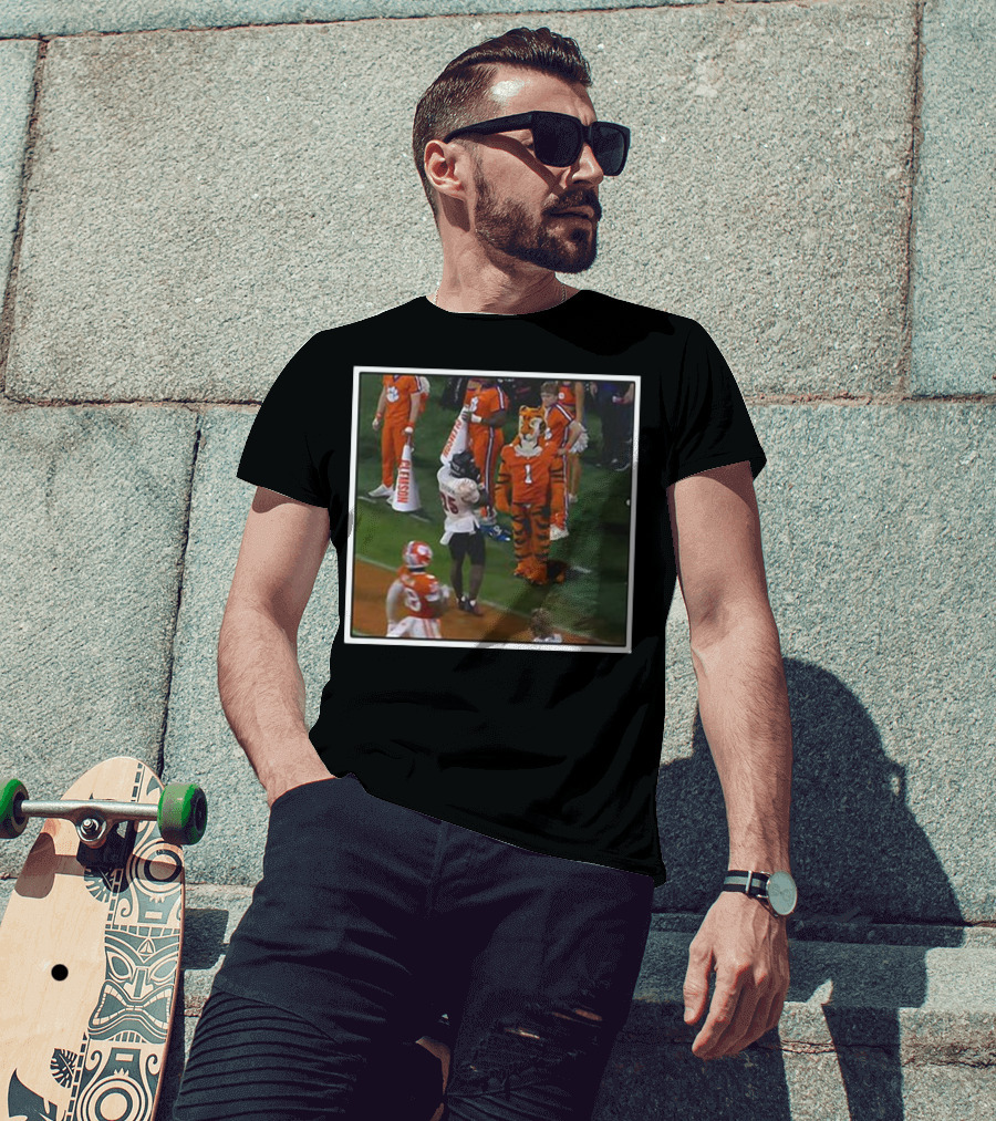 Clemson Tigers Mascot And Louisville Cardinals Player On Sideline T-Shirt