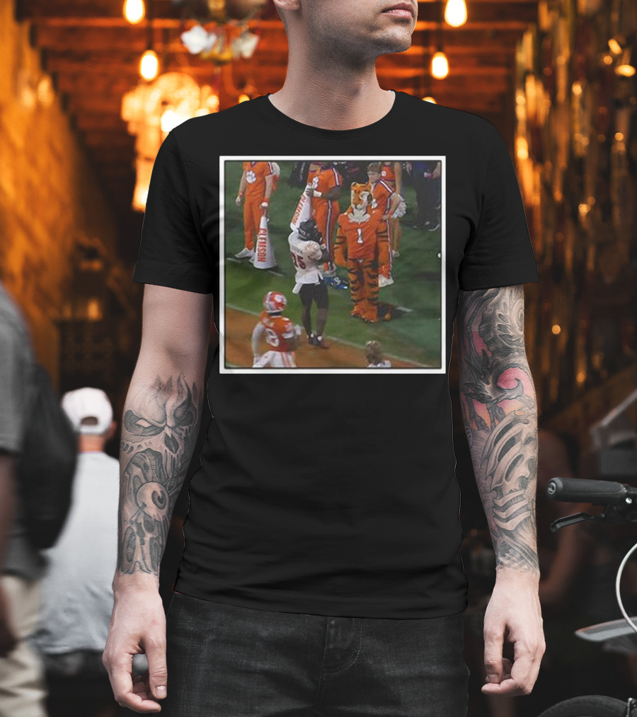 Clemson Tigers Mascot and Louisville Cardinals Player on Sideline T-Shirt