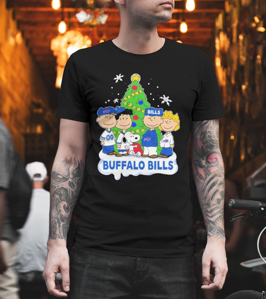 Buffalo Bills Snoopy Christmas Tree Peanuts Characters Holiday Scene T-Shirt