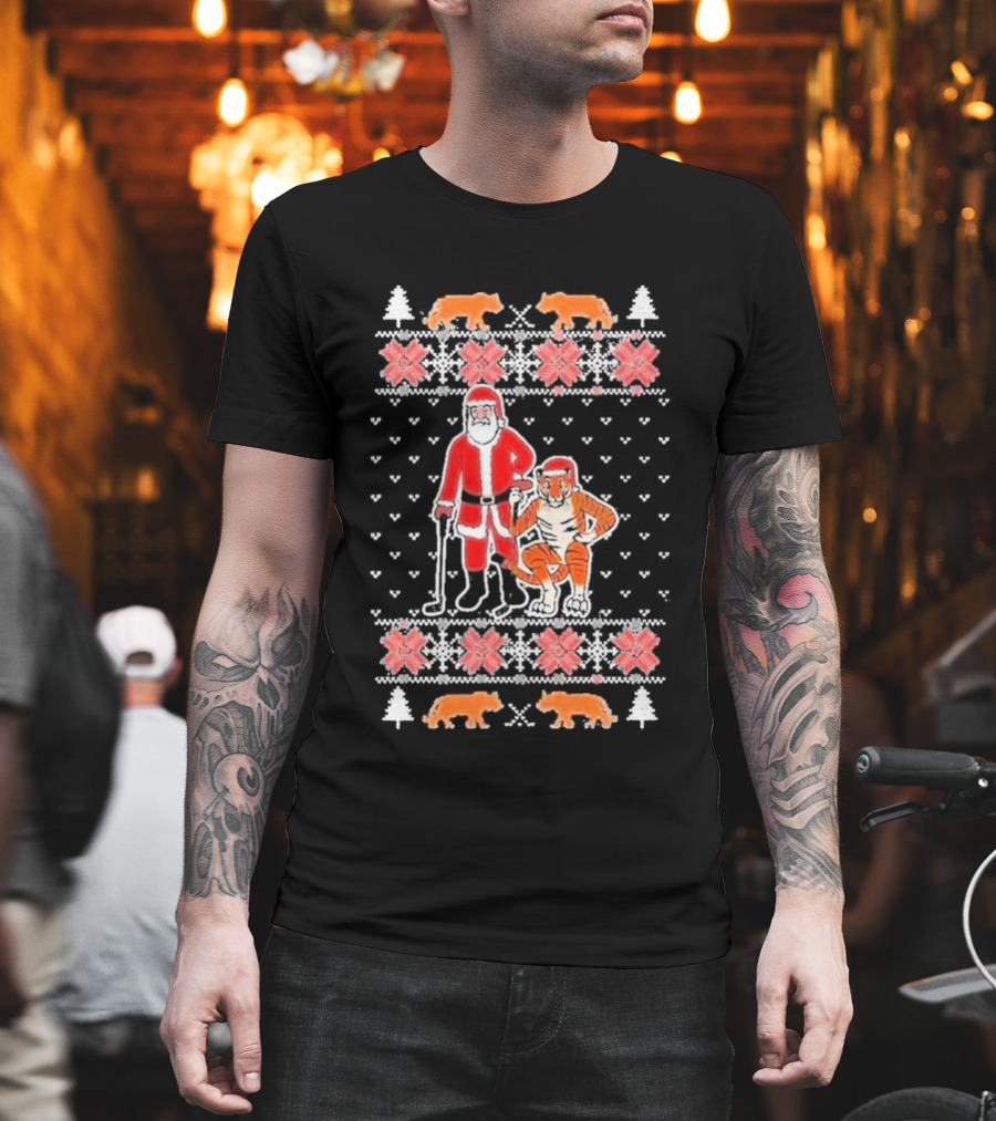 Golf Santa Tiger Vision Ugly Christmas T-Shirt