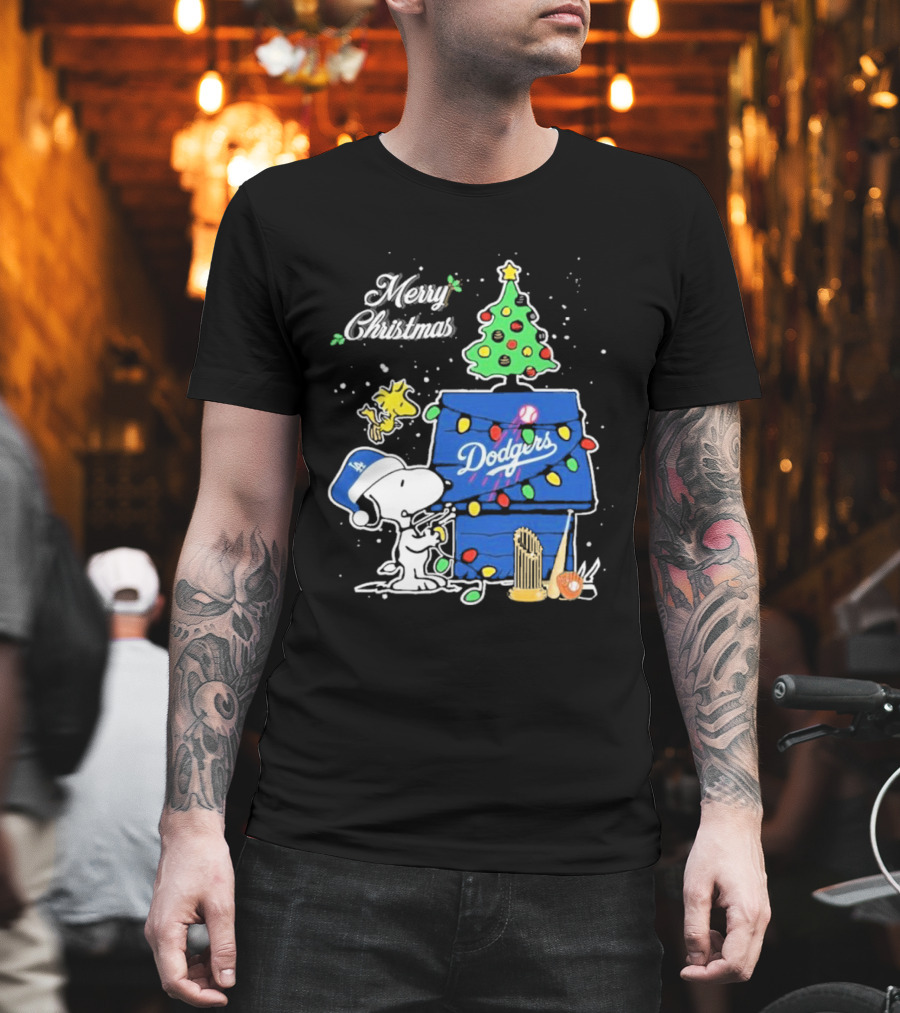 Merry Christmas Snoopy Los Angeles Dodgers Tree Lights Woodstock T-Shirt
