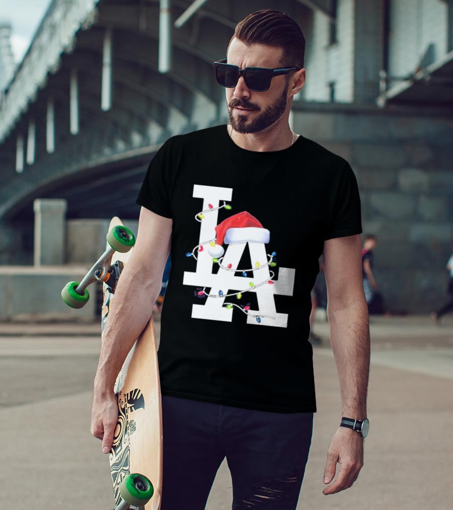 Los Angeles LA Merry Christmas Santa Hat Lights Holiday 2D T-Shirt