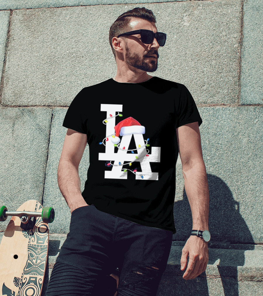 Los Angeles LA Merry Christmas Santa Hat Lights Holiday 2D T-Shirt