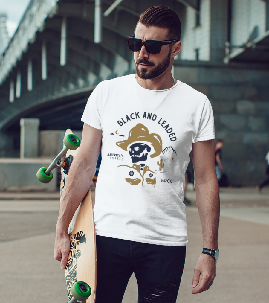 Black And Leaded Cowboy Skull America's Coffee BRCC Desert Scene T-Shirt