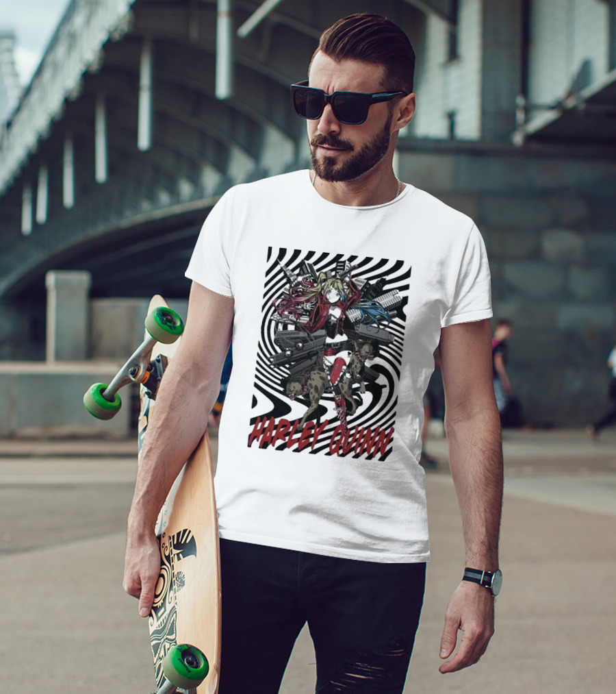 HARLEY QUINN Black And White Spiral With Hyenas T-Shirt