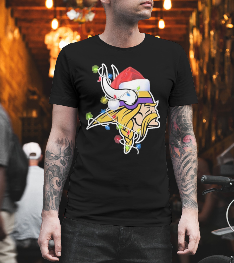 Minnesota Vikings Merry Christmas 2D Santa Hat Lights T-Shirt