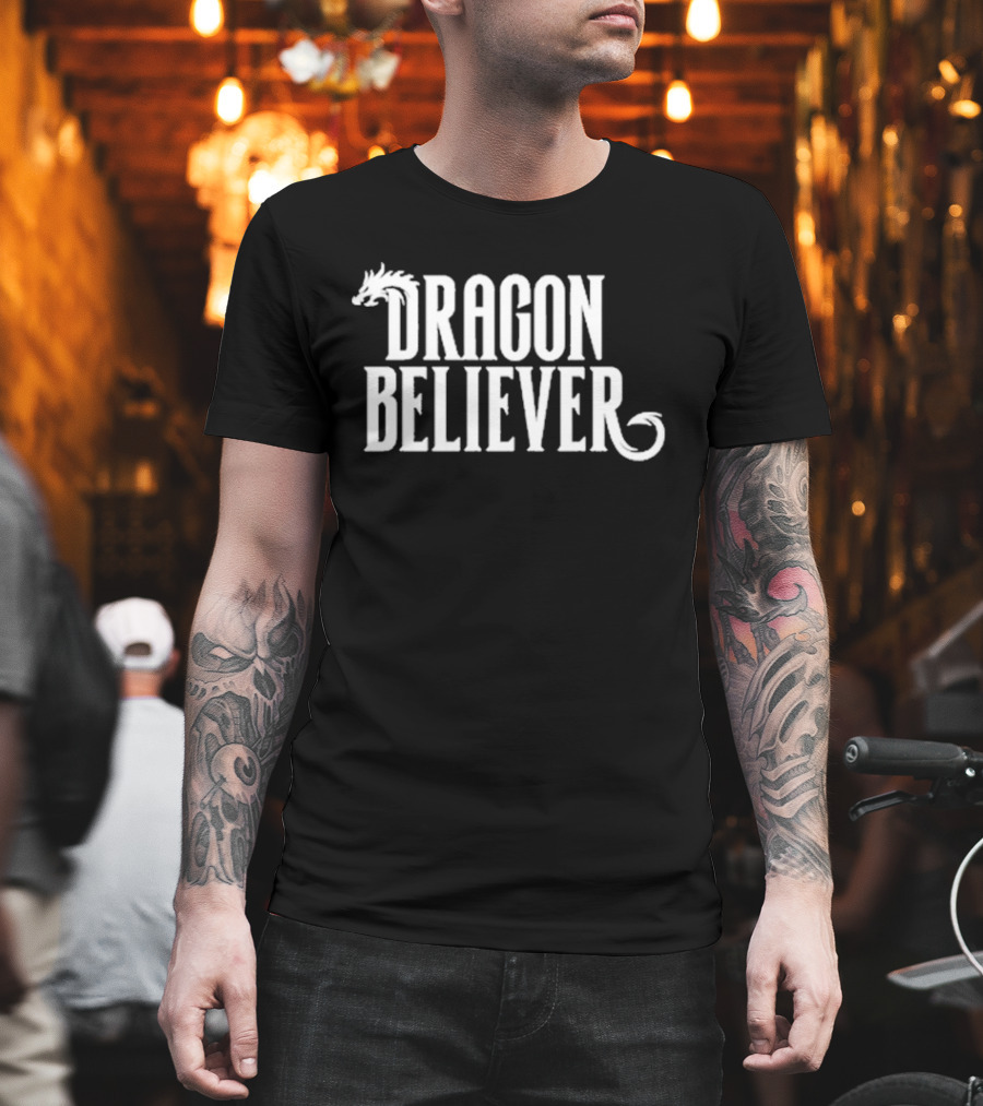 Dragon Believer Fantasy Typography with Dragon Head Accent T-Shirt