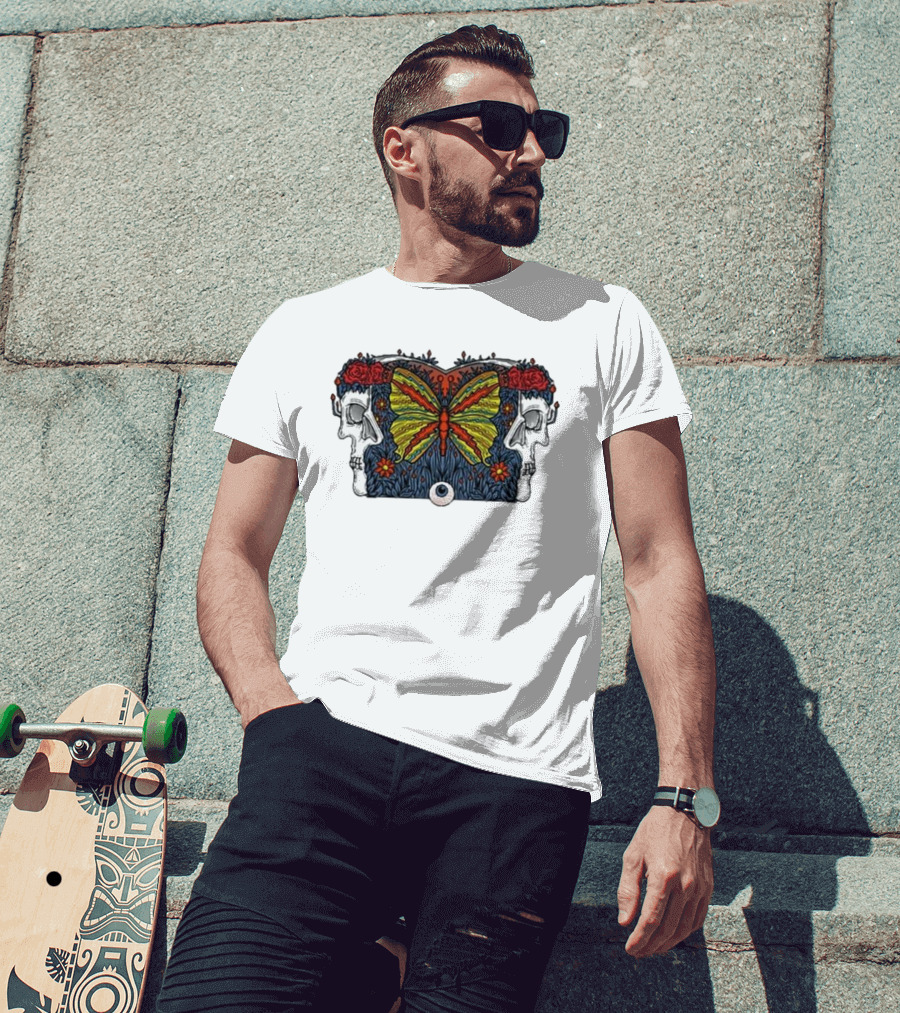 This Old Engine Two Worlds Skull And Butterfly Symmetry With Roses And Floral Elements T-Shirt